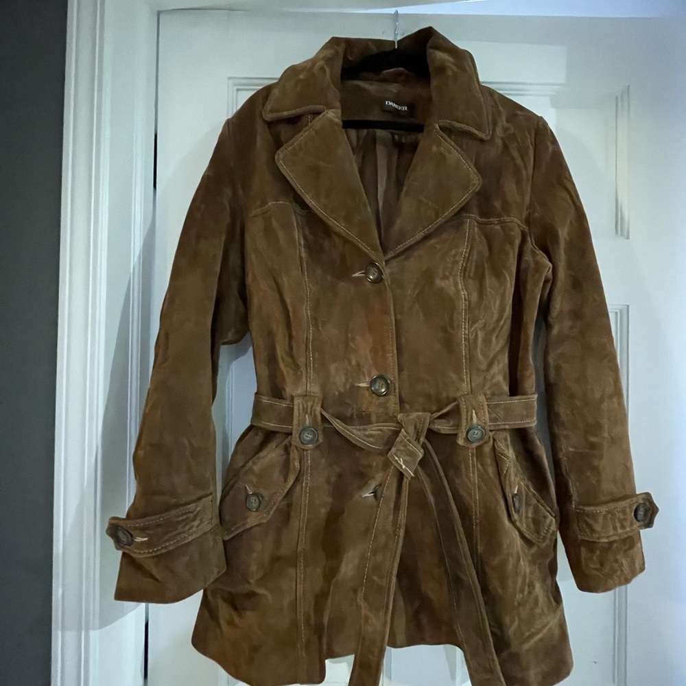 Danier Brown Suede Trench Coat with Belt and Notched Lapel